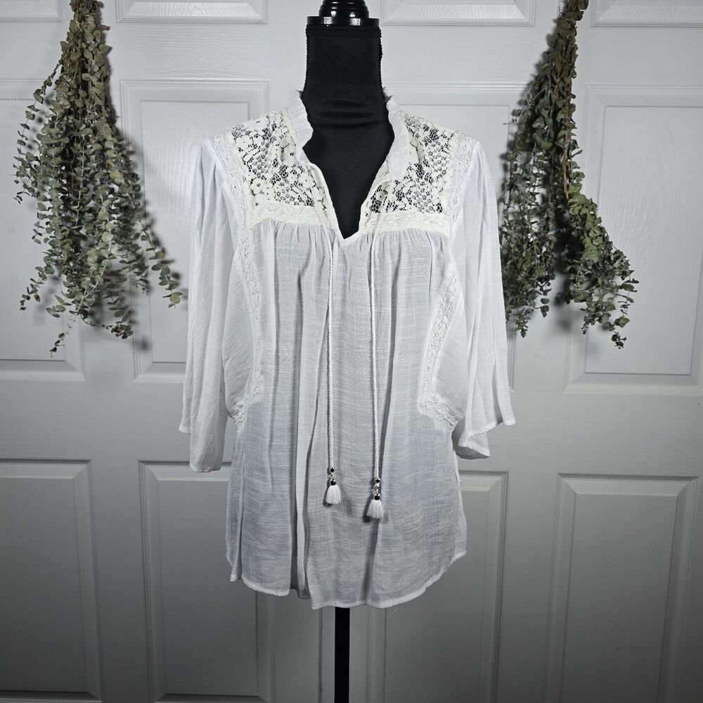 Hope & Harlow White Sheer Lace Renaissance Blouse Peasant Boho XL